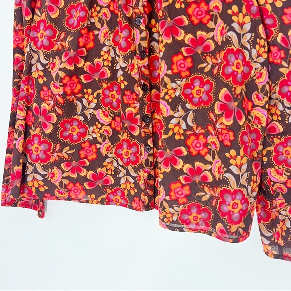 Sundry Floral Puff Sleeve Buttondown Shirt in Mahogany Garnet Size Medium - Picture 6 of 11